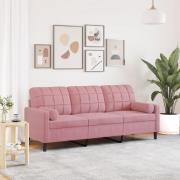 vidaXL 3-sitssoffa med prydnadskuddar rosa 180 cm sammet