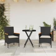 vidaXL Bistrogrupp med dynor 3 delar svart konstrotting och glas