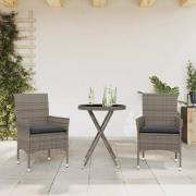 vidaXL Bistrogrupp med dynor 3 delar grå konstrotting och glas