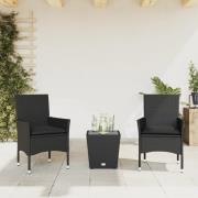 vidaXL Bistrogrupp med dynor 3 delar svart konstrotting och glas
