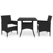 vidaXL Matgrupp för trädgården 3 delar svart konstrotting och glas