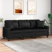 vidaXL 3-sitssoffa med prydnadskuddar svart 180 cm konstläder