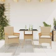 vidaXL Matgrupp för trädgård med dynor 3 delar beige konstrotting&glas