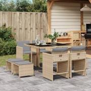 vidaXL Matgrupp för trädgården med dynor 9 delar mixbeige konstrotting