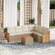 vidaXL Matgrupp för trädgården med dynor 7 delar beige konstrotting