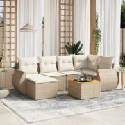 vidaXL Matgrupp för trädgården med dynor 7 delar beige konstrotting