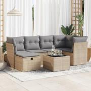 vidaXL Matgrupp för trädgården med dynor 7 delar beige konstrotting