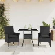 vidaXL Matgrupp för trädgård med dynor 3 delar svart konstrotting&glas