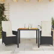 vidaXL Caféset 3 delar med dynor svart konstrotting akaciaträ