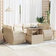 vidaXL Matgrupp för trädgården med dynor 7 delar beige konstrotting