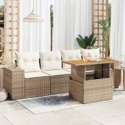 vidaXL Soffgrupp för trädgården med dynor 5 delar beige konstrotting
