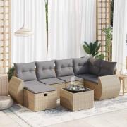 vidaXL Matgrupp för trädgården med dynor 7 delar beige konstrotting
