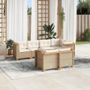 vidaXL Matgrupp för trädgården med dynor 7 delar beige konstrotting