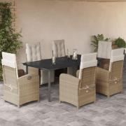 vidaXL Matgrupp för trädgården med dynor 7 delar beige konstrotting