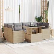 vidaXL Matgrupp för trädgården med dynor 7 delar beige konstrotting