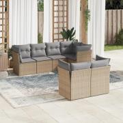 vidaXL Matgrupp för trädgården med dynor 7 delar beige konstrotting