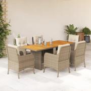 vidaXL Matgrupp för trädgården med dynor 7 delar beige konstrotting
