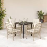 vidaXL Matgrupp för trädgården med dynor 5 delar beige konstrotting
