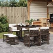 vidaXL Matgrupp för trädgården med dynor 9 delar konstrotting brun