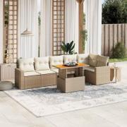 vidaXL Matgrupp för trädgården med dynor 7 delar beige konstrotting