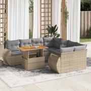vidaXL Soffgrupp för trädgården med dynor 9 delar beige konstrotting