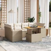 vidaXL Matgrupp för trädgården med dynor 7 delar beige konstrotting