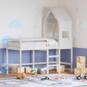 vidaXL Våningssäng med stege och tak vit 90x190 cm massiv furu