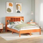 vidaXL Säng med bokhylla utan madrass vaxbrun 135x190cm massiv furu