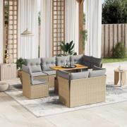 vidaXL Soffgrupp för trädgården med dynor 9 delar beige konstrotting