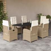 vidaXL Matgrupp för trädgården med dynor 7 delar beige konstrotting
