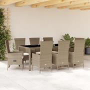 vidaXL Matgrupp för trädgården med dynor 9 delar beige konstrotting