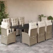 vidaXL Matgrupp för trädgården med dynor 9 delar beige konstrotting