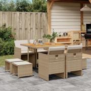 vidaXL Matgrupp för trädgården med dynor 9 delar beige konstrotting