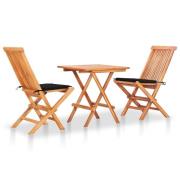 vidaXL Caféset 3 delar med svarta dynor massiv teak