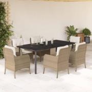 vidaXL Matgrupp för trädgården med dynor 7 delar beige konstrotting