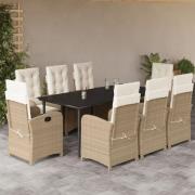 vidaXL Matgrupp för trädgården med dynor 9 delar beige konstrotting