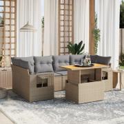 vidaXL Matgrupp för trädgården med dynor 7 delar beige konstrotting