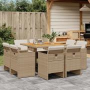 vidaXL Matgrupp för trädgården med dynor 9 delar beige konstrotting