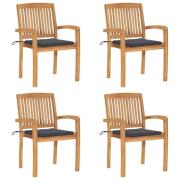 vidaXL Stapelbara trädgårdsstolar med dynor 4 st massiv teak