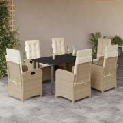 vidaXL Matgrupp för trädgården med dynor 7 delar beige konstrotting