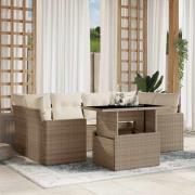 vidaXL Matgrupp för trädgården med dynor 7 delar beige konstrotting