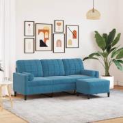 vidaXL 3-sitssoffa med fotpall blå 180 cm sammet