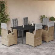 vidaXL Matgrupp för trädgården med dynor 7 delar beige konstrotting