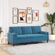 vidaXL 3-sitssoffa med prydnadskuddar blå 180 cm sammet