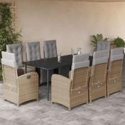 vidaXL Matgrupp för trädgården med dynor 9 delar beige konstrotting
