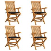 vidaXL Trädgårdsstolar med svarta dynor 4 st massiv teak