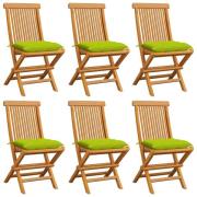 vidaXL Trädgårdsstolar 6 st med ljusgröna dynor massiv teak