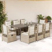 vidaXL Matgrupp för trädgården med dynor 9 delar beige konstrotting