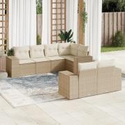 vidaXL Matgrupp för trädgården med dynor 7 delar beige konstrotting
