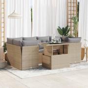 vidaXL Matgrupp för trädgården med dynor 7 delar beige konstrotting